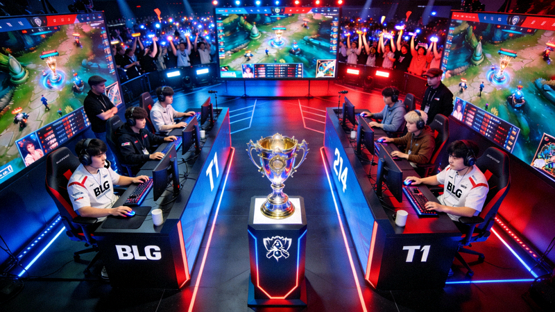 英雄联盟S14全球总决赛决赛现场激烈对战画面 - BLG战队与T1战队争夺召唤师奖杯